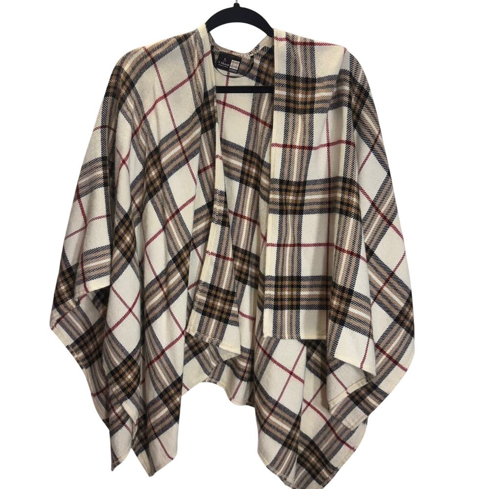 V. Fraas Plaid Ruana Poncho Wrap Shawl Ivory Tan Burgundy One Size
